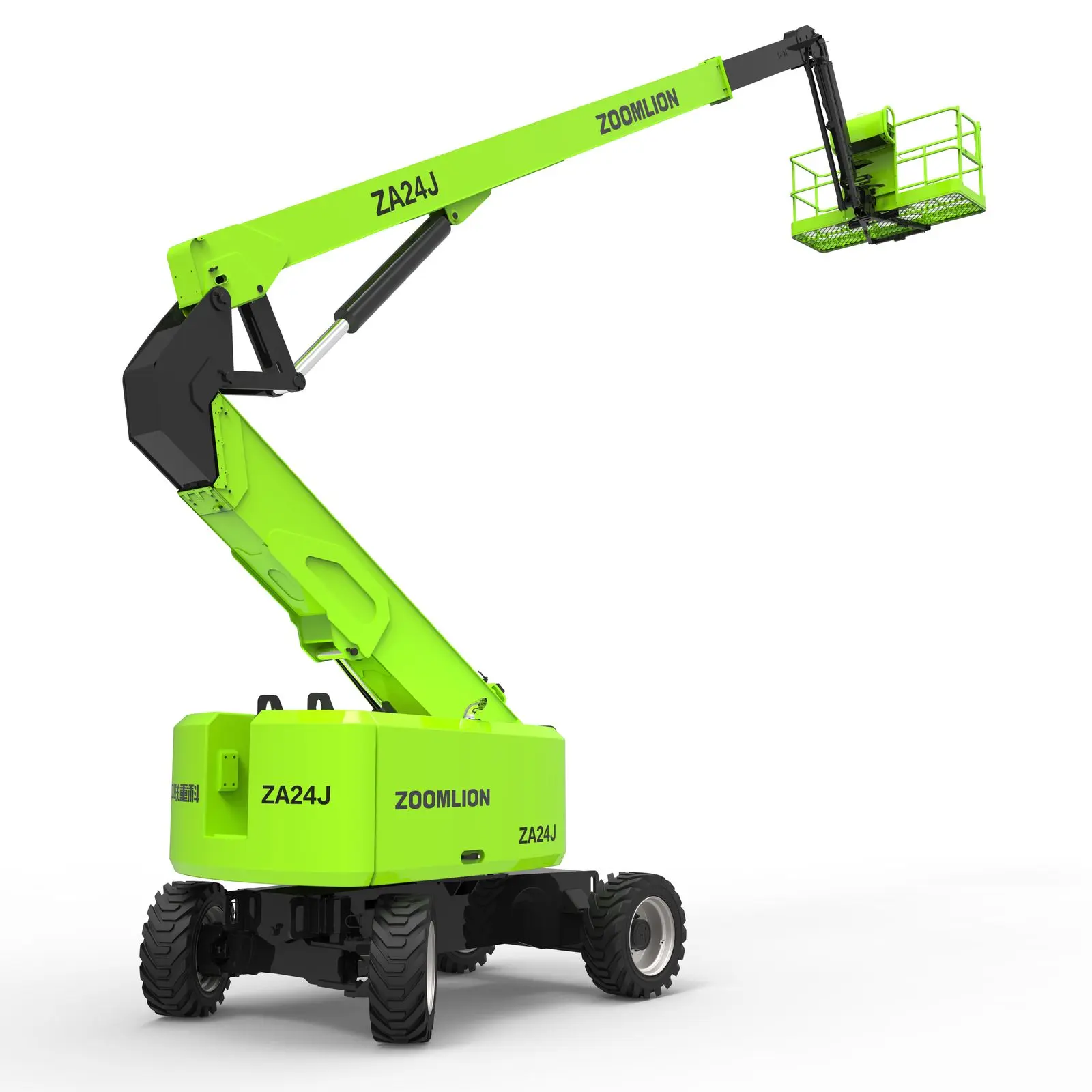 Kolu bir engelin üzerinden erişim için uzatılmış Zoomlion ZA24J eklemli bomlu platform